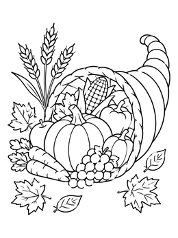 Free printable Autumn Harvest Cornucopia With Vegetables coloring page
