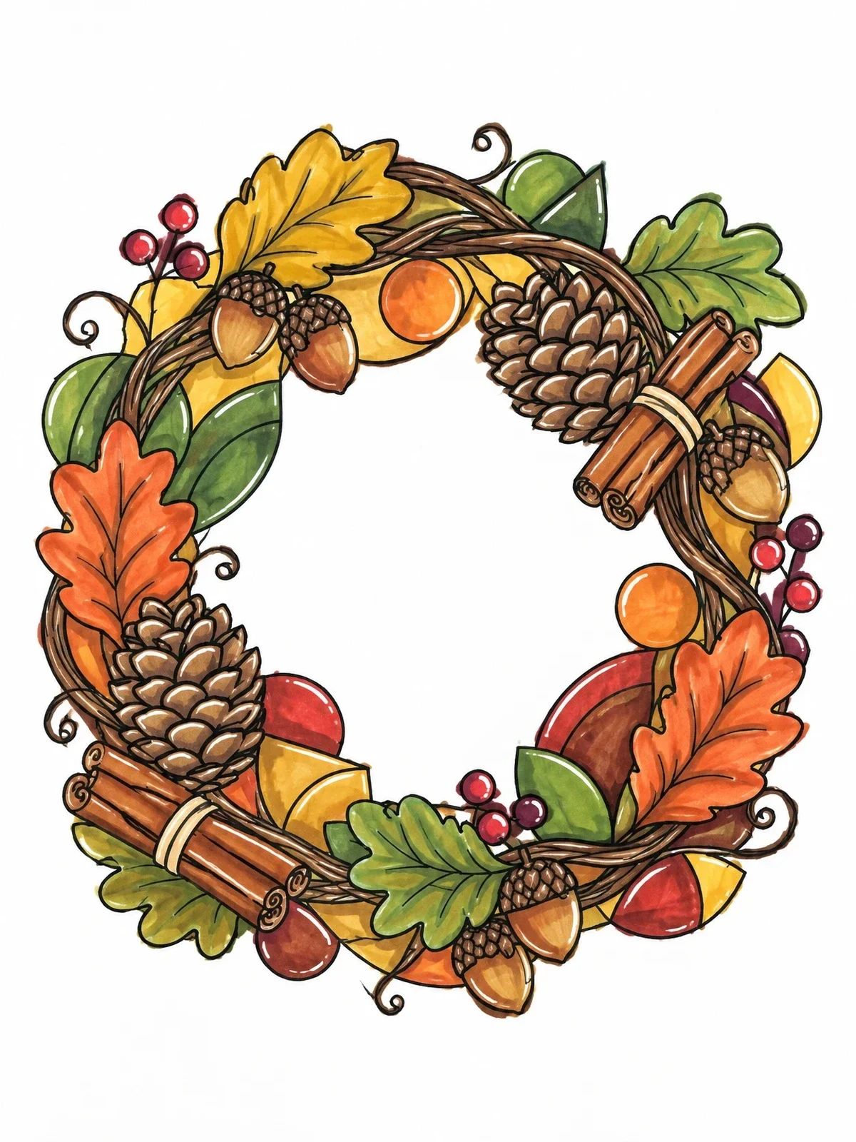 Colored example of the Autumn Harvest Nature Wreath coloring page