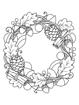 Free printable Autumn Harvest Nature Wreath coloring page