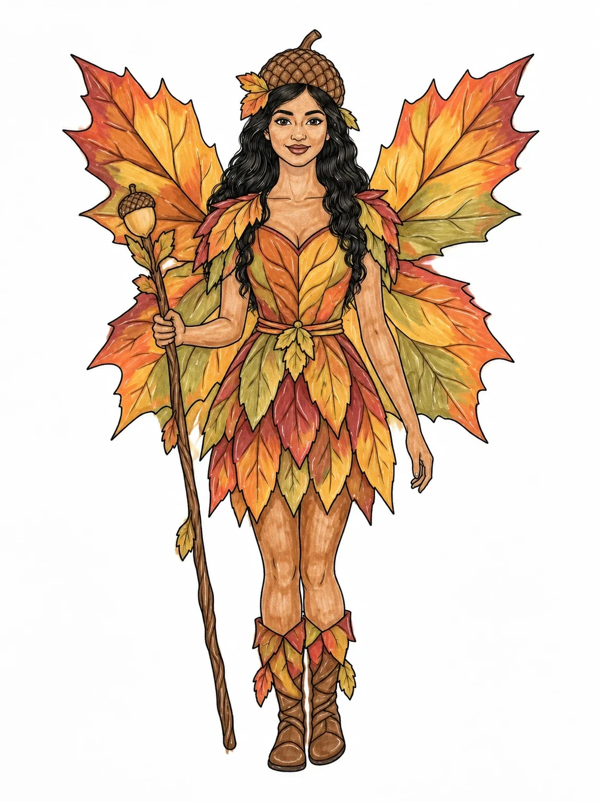 Colored example of the Autumn Leaf Fairy With Acorn Cap coloring page