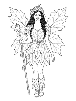 An autumn fairy coloring page featuring leaf wings and an acorn staff.