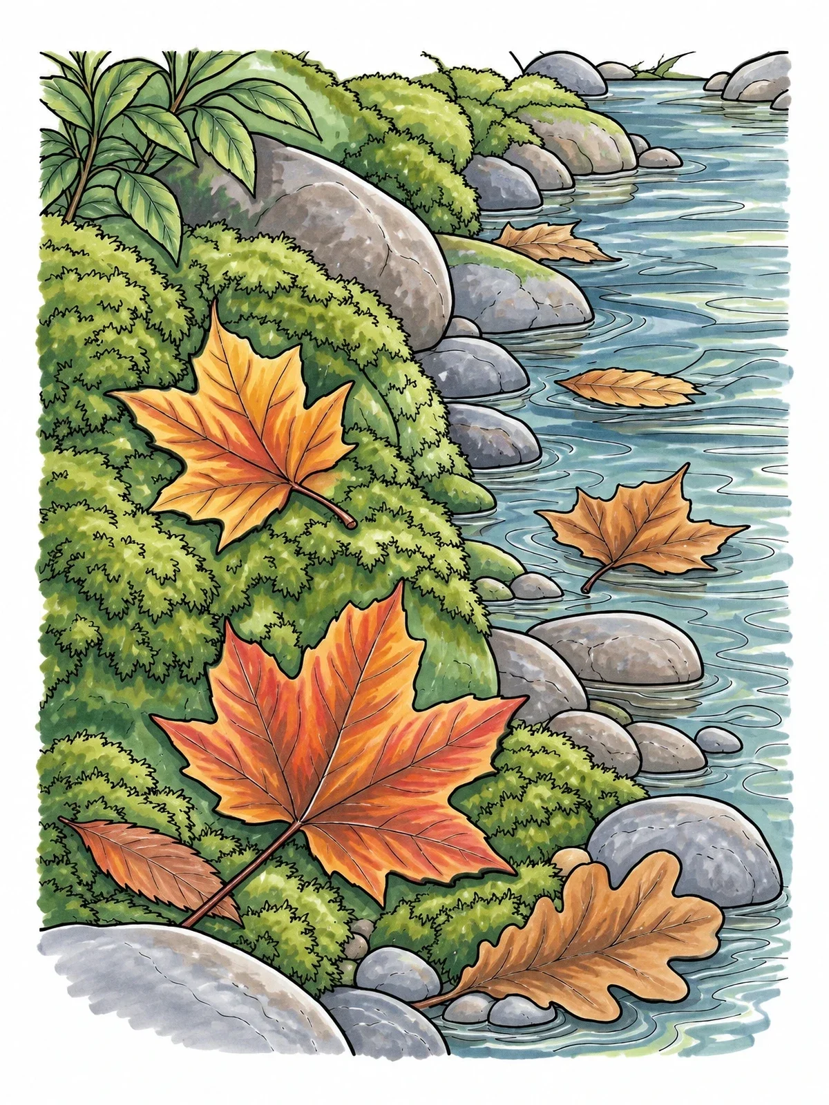 Colored example of the Autumn Leaves By A Gentle Stream coloring page