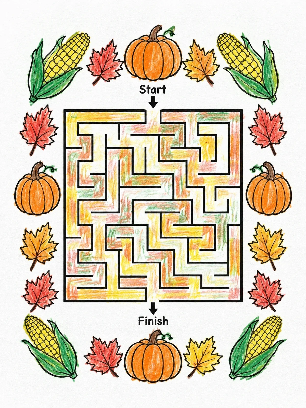 Colored example of the Autumn Maze With Pumpkins And Corn coloring page