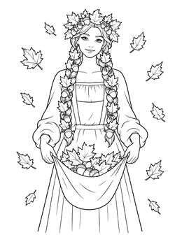 An autumn mother nature coloring page showing a young woman holding fallen leaves and acorns in her apron.