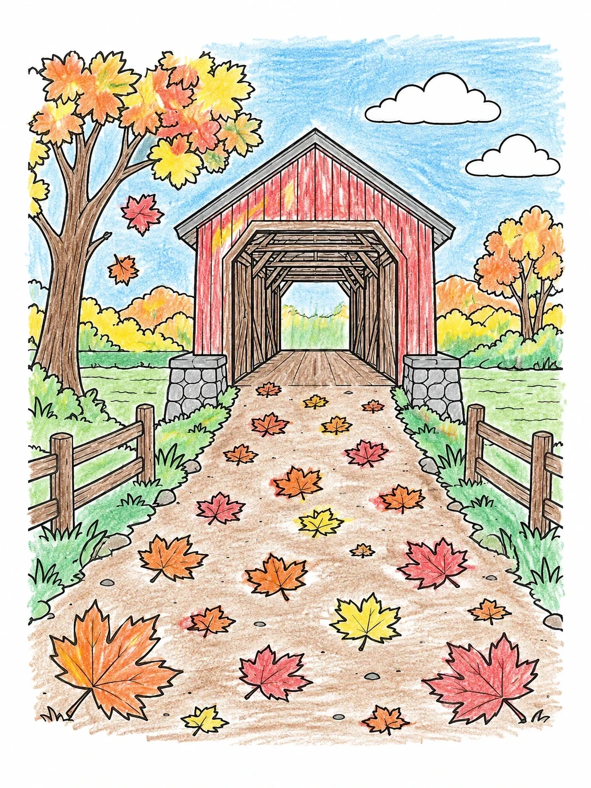 Colored example of the Autumn Path To Covered Bridge coloring page