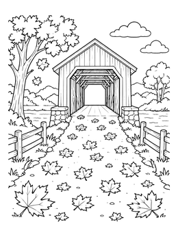 Free printable Autumn Path To Covered Bridge coloring page
