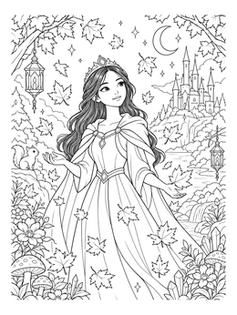 An autumn princess coloring page featuring a castle and falling maple leaves.