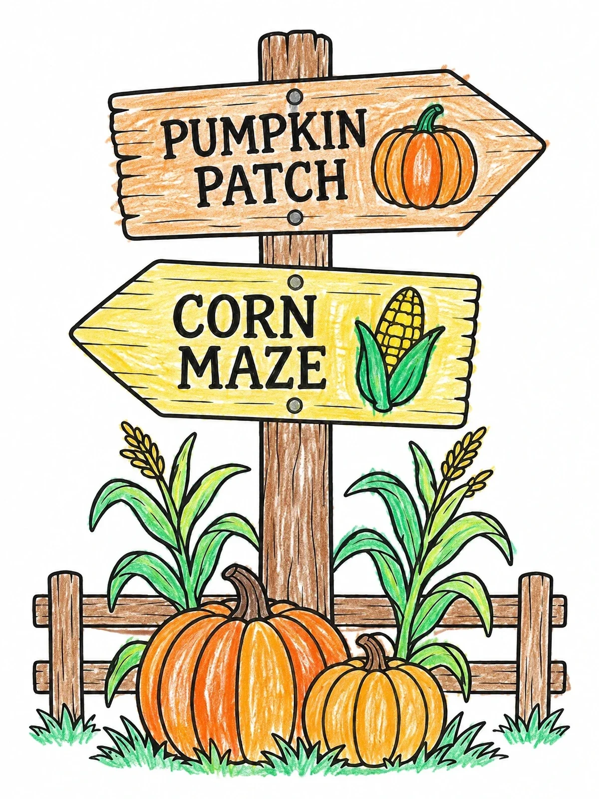 Colored example of the Autumn Pumpkin Patch Signpost coloring page