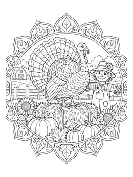 Detailed turkey coloring page framed in a floral mandala with a scarecrow and pumpkins.