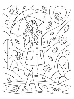 A woman strolling through falling autumn leaves on this umbrella coloring page.