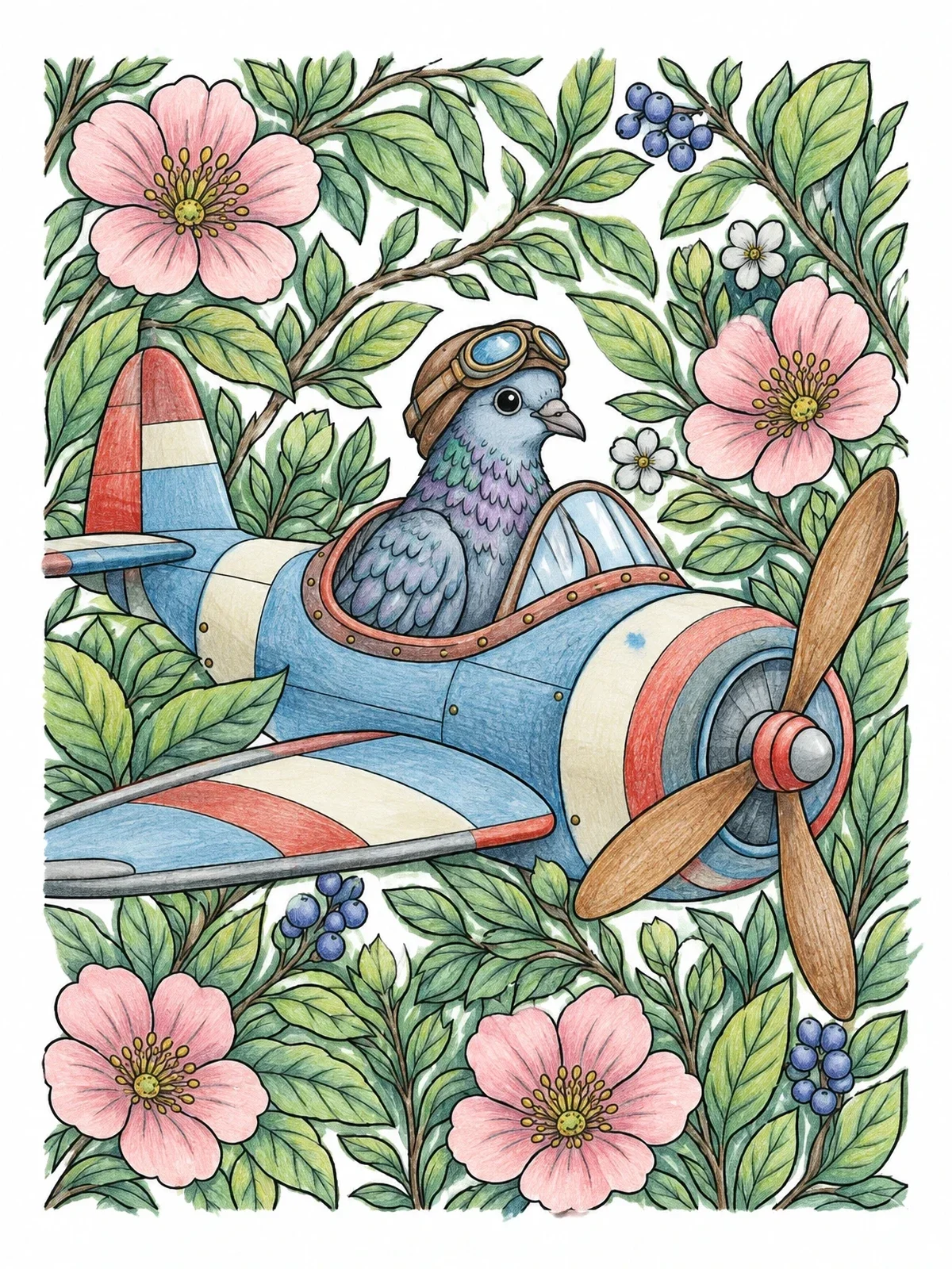 Colored example of the Aviator Pigeon In Propeller Airplane coloring page