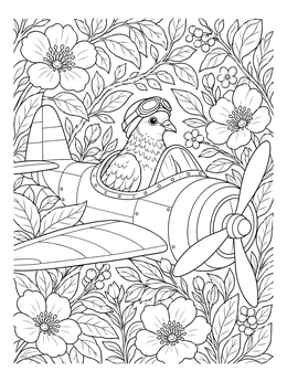 A detailed pigeon coloring page showing an aviator bird piloting an airplane surrounded by flowers.