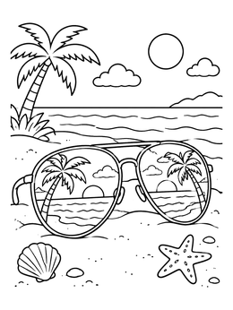 An aviator sunglasses coloring page resting on a sandy tropical beach with reflections.