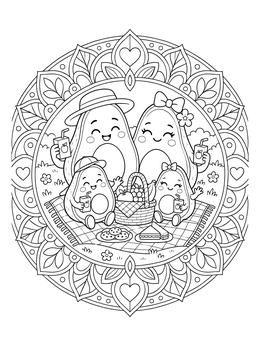 An avocado coloring page featuring a happy avocado family enjoying a picnic inside a floral mandala frame.