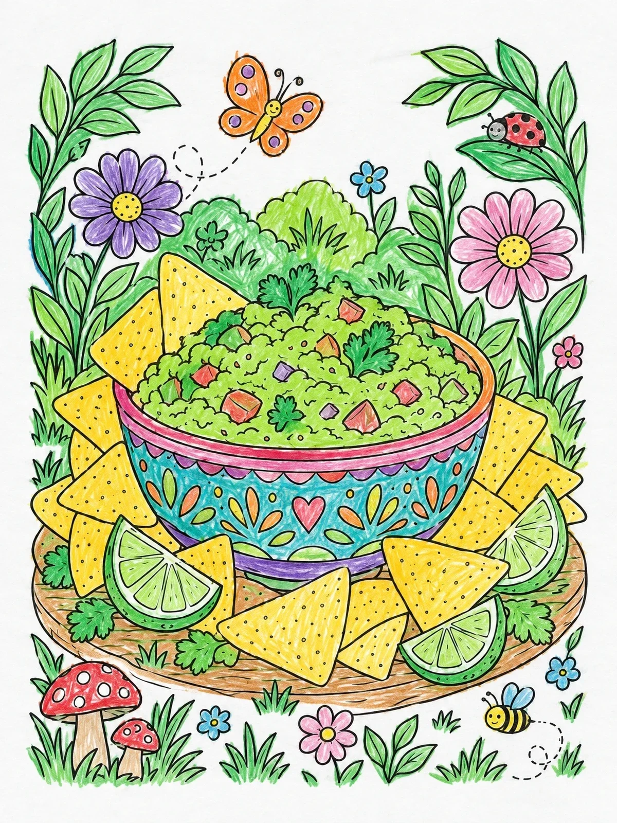 Colored example of the Guacamole Bowl With Tortilla Chips coloring page