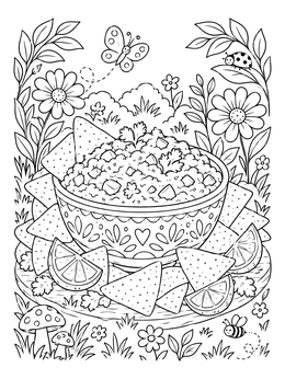 A tasty guacamole bowl in a garden setting on this avocado coloring page.