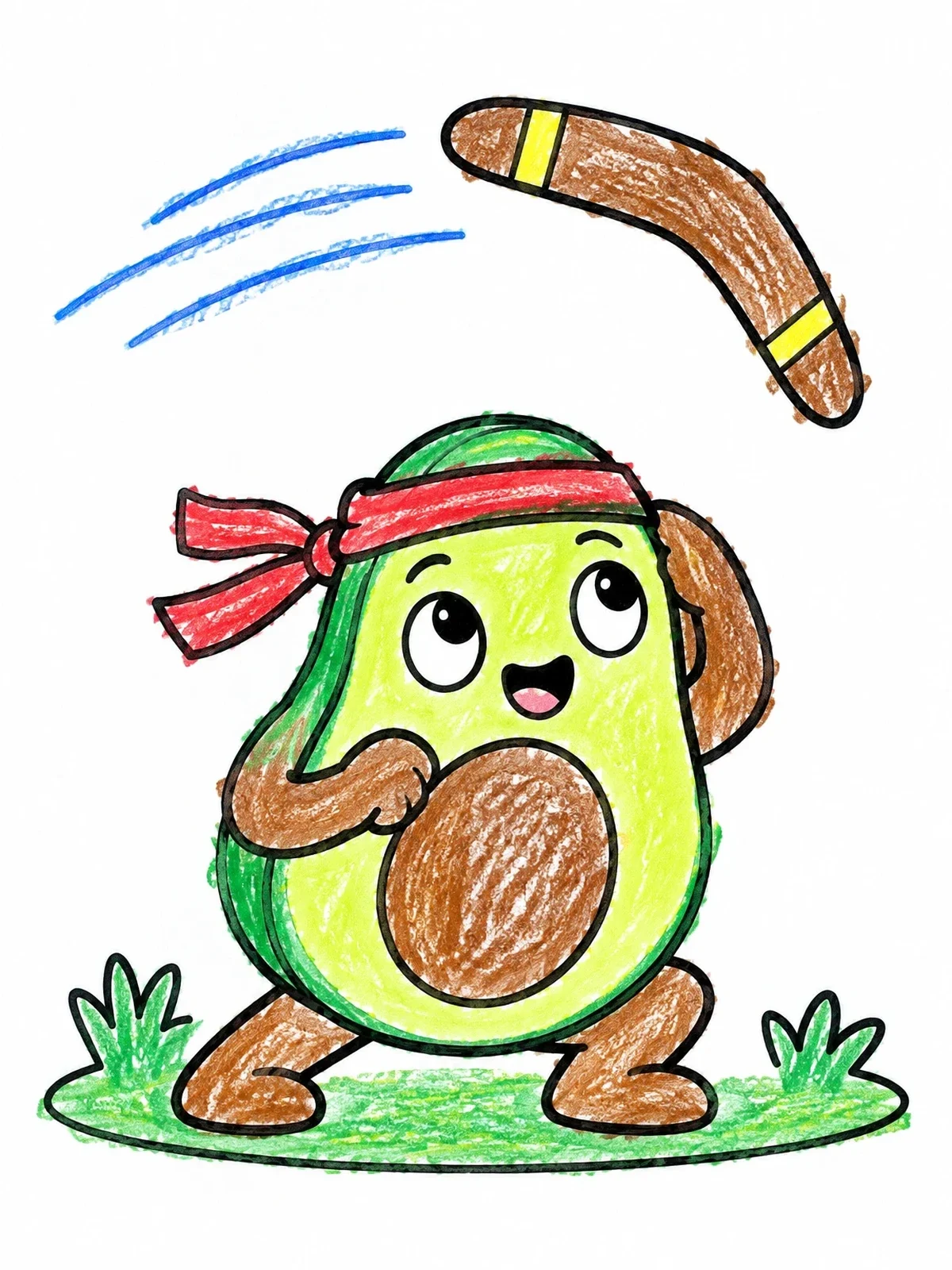 Colored example of the Avocado Ducking Under A Boomerang coloring page