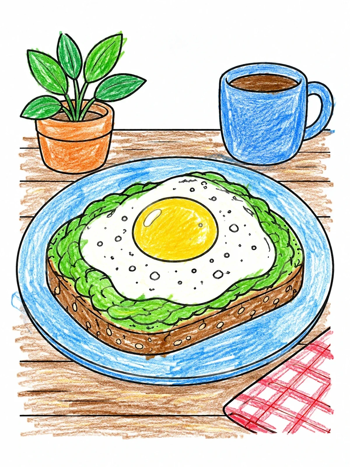 Colored example of the Avocado Toast With Fried Egg coloring page
