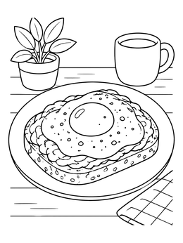 Delicious avocado toast with fried egg in an avocado coloring page for a cozy breakfast.