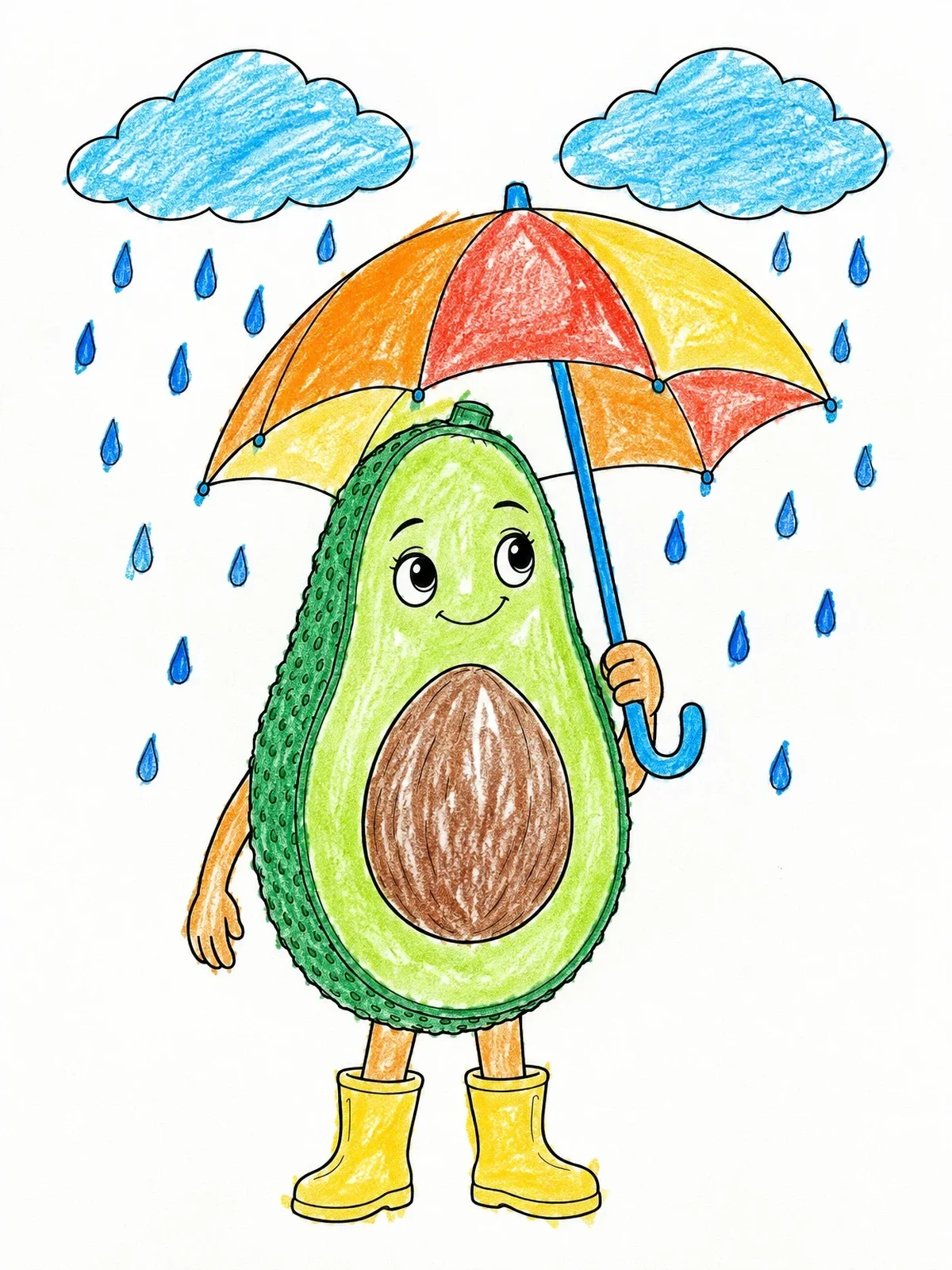 Colored example of the Avocado In The Rain With Umbrella coloring page