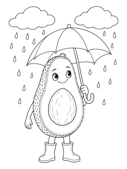 A cheerful avocado coloring page showing an avocado character holding an umbrella in rain boots.