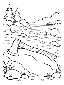Free printable Axe On Riverbank Boulder coloring page