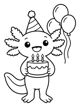 A cheerful birthday axolotl coloring page with balloons and cake.