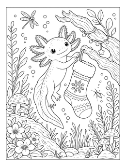 An underwater axolotl coloring page showing a cute creature hanging a holiday stocking on a branch.