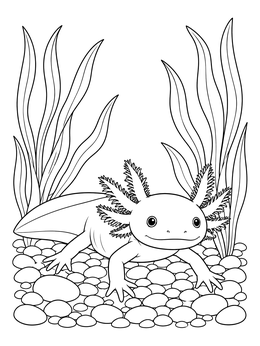 A cute axolotl resting on stones in an axolotl coloring page with underwater plants.