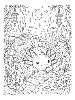 Detailed axolotl coloring page showing the creature peeking from a hollow log among aquatic plants.