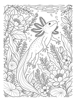 An axolotl coloring page featuring the amphibian gliding through lush aquatic plants and flowers.