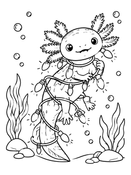A cheerful underwater axolotl coloring page tangled in glowing festive holiday lights.