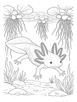 An axolotl coloring page featuring an underwater scene with floating plant roots and lake bed stones.