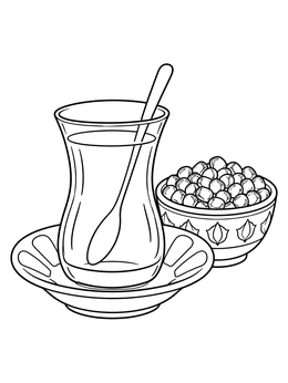 An armudu glass of tea and sweet pomegranate seeds on this azerbaijan coloring page.