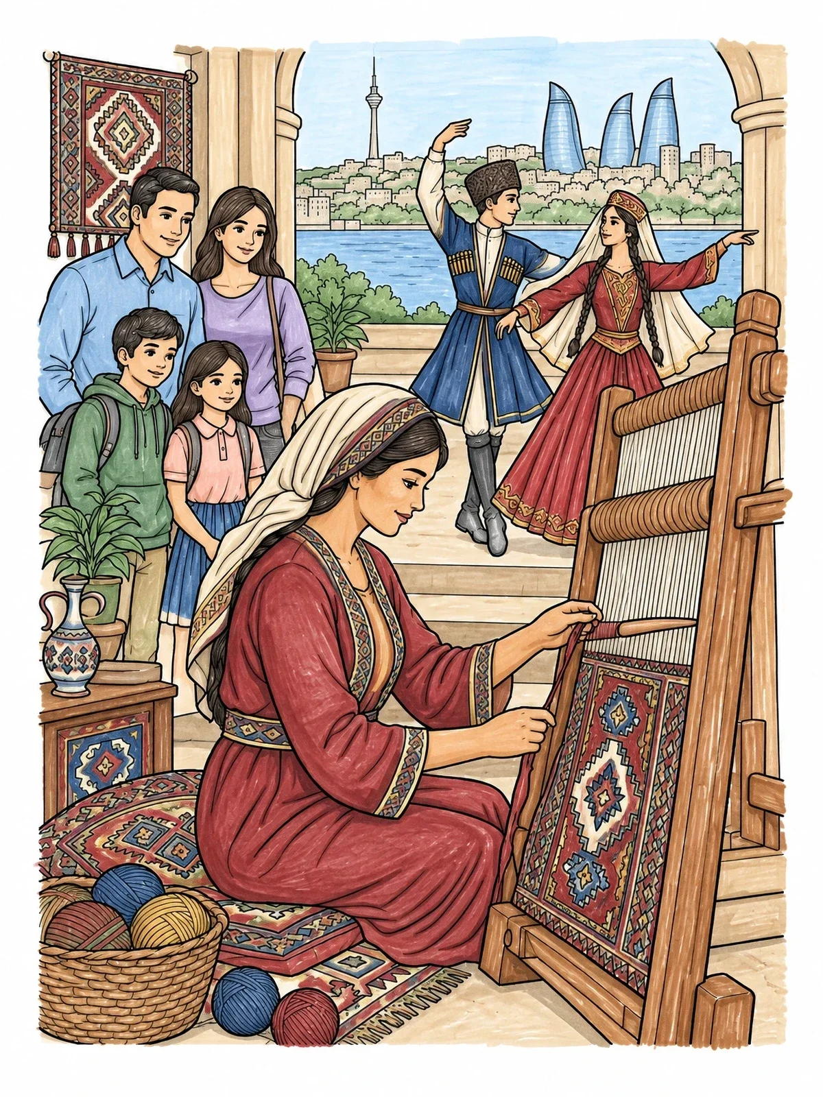 Colored example of the Azerbaijani Carpet Weaver And Dancers coloring page