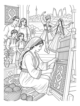 An artisan weaves a rug in this detailed Azerbaijan coloring page featuring traditional dancers and Baku views.