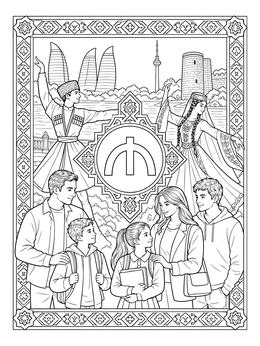 A modern family and traditional dancers beside Baku landmarks in this azerbaijan coloring page.