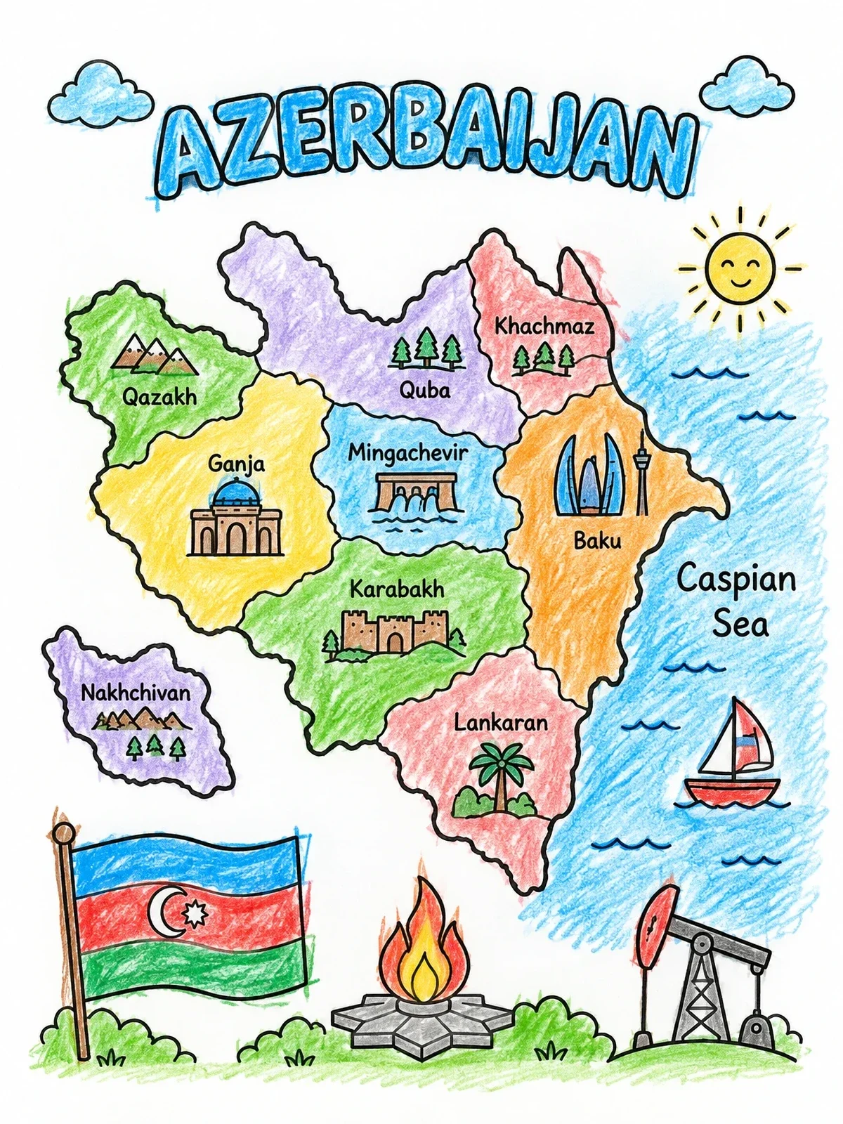 Colored example of the Azerbaijan Map And National Symbols coloring page