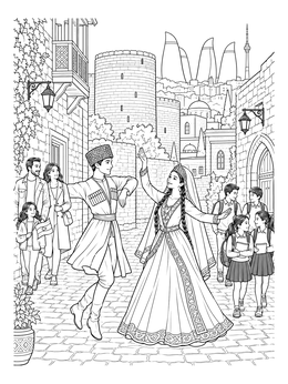 Dancers perform in historic Baku on this detailed azerbaijan coloring page.