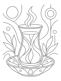 A steaming armudu glass on a saucer in this azerbaijan coloring page with stylized background.