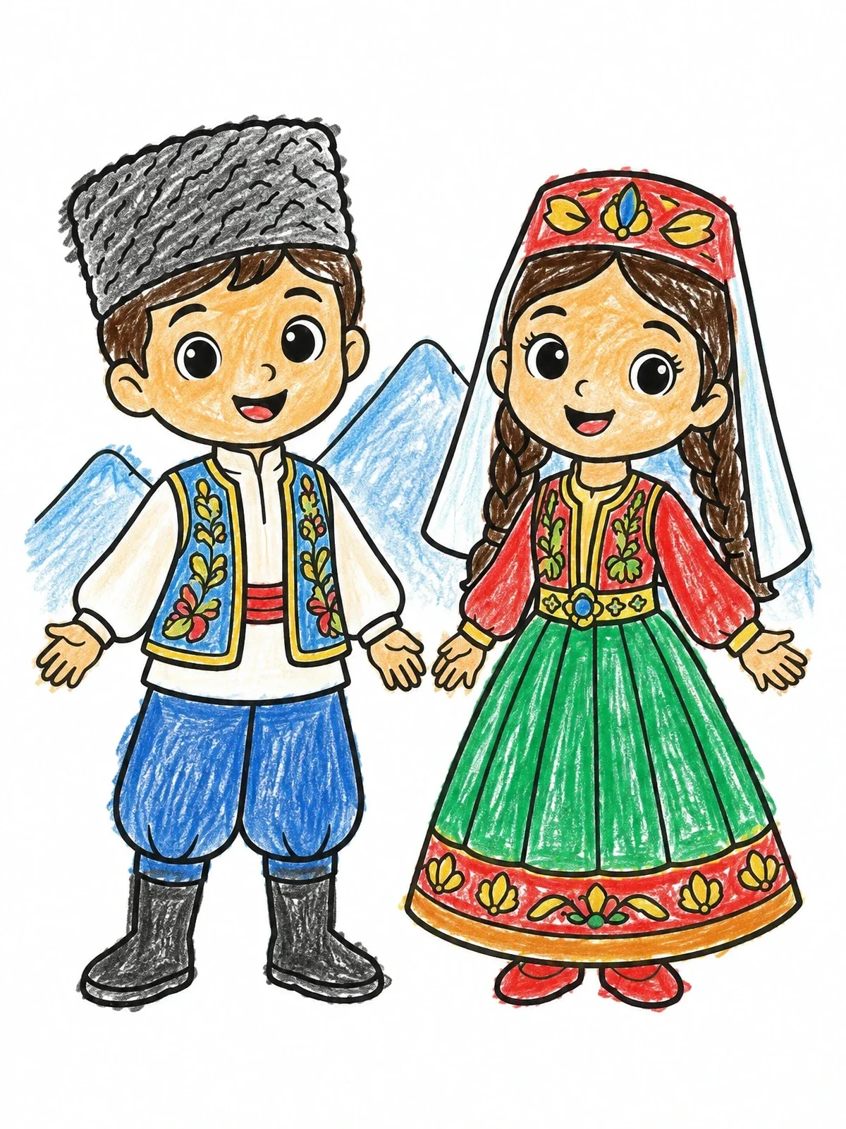 Colored example of the Azerbaijani Children In Traditional Clothing coloring page