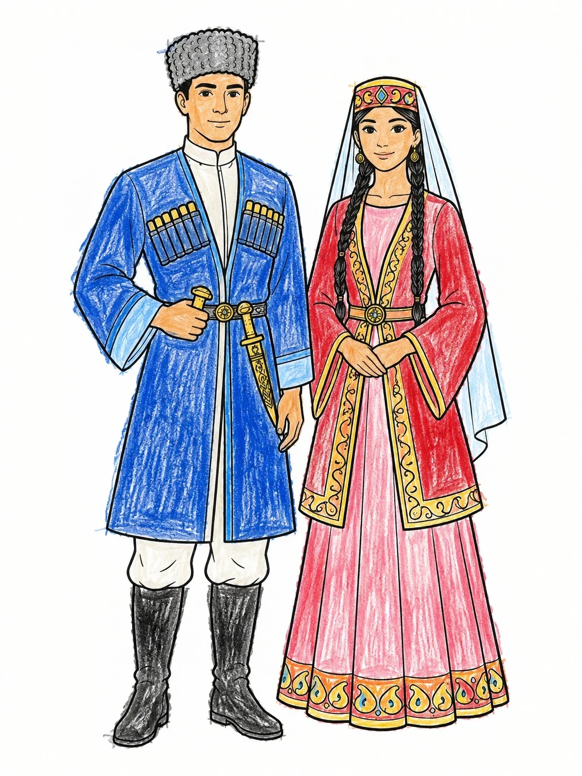 Colored example of the Traditional Azerbaijani Couple In Folk Costumes coloring page