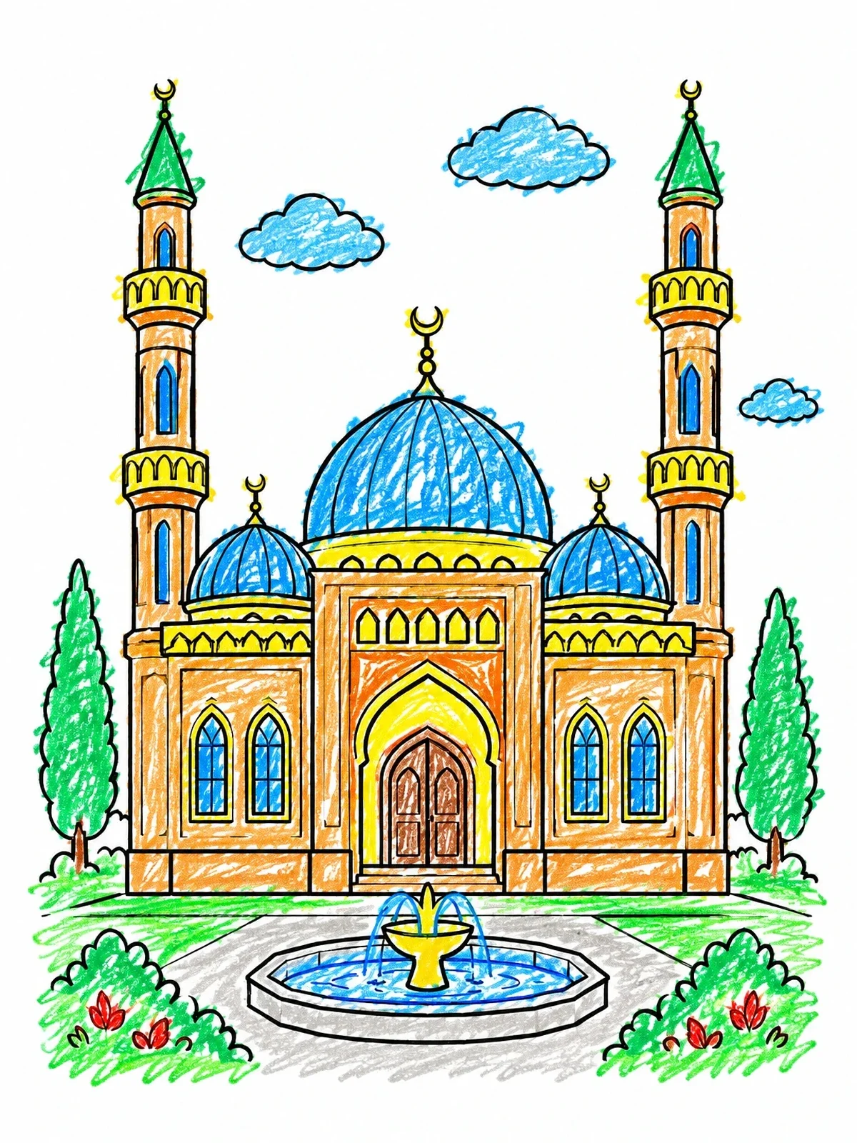 Colored example of the Ornate Azerbaijani Mosque With Fountain coloring page
