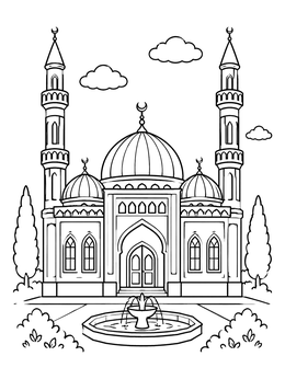 Free printable Ornate Azerbaijani Mosque With Fountain coloring page