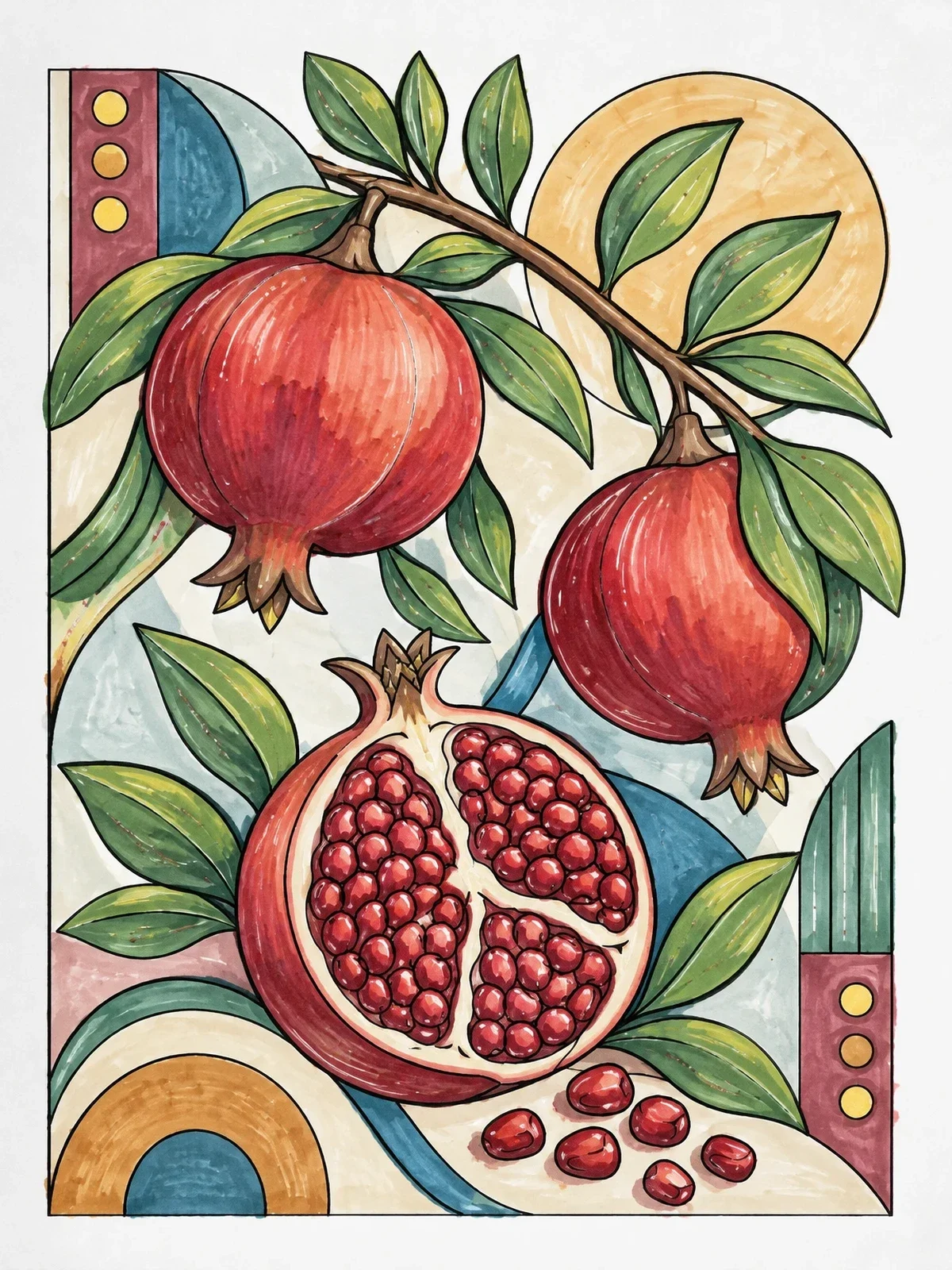 Colored example of the Azerbaijani Pomegranates On The Branch coloring page