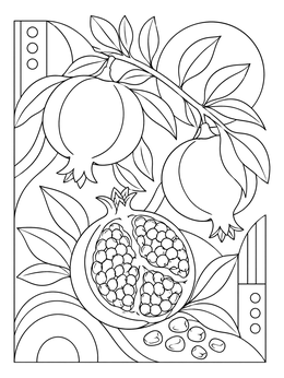 Ripe fruit hangs from branches in this stylized azerbaijan coloring page.