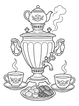 Steaming samovar set with teacups and sweets on this azerbaijan coloring page.