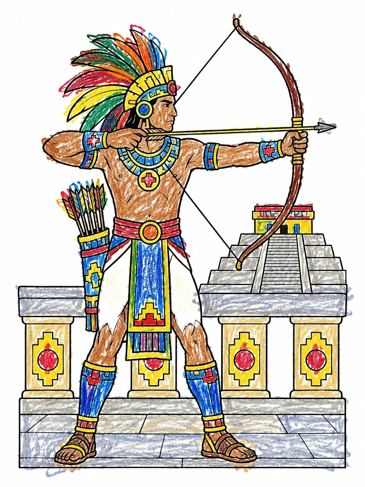 Colored example of the Aztec Archer With Bow And Arrow coloring page
