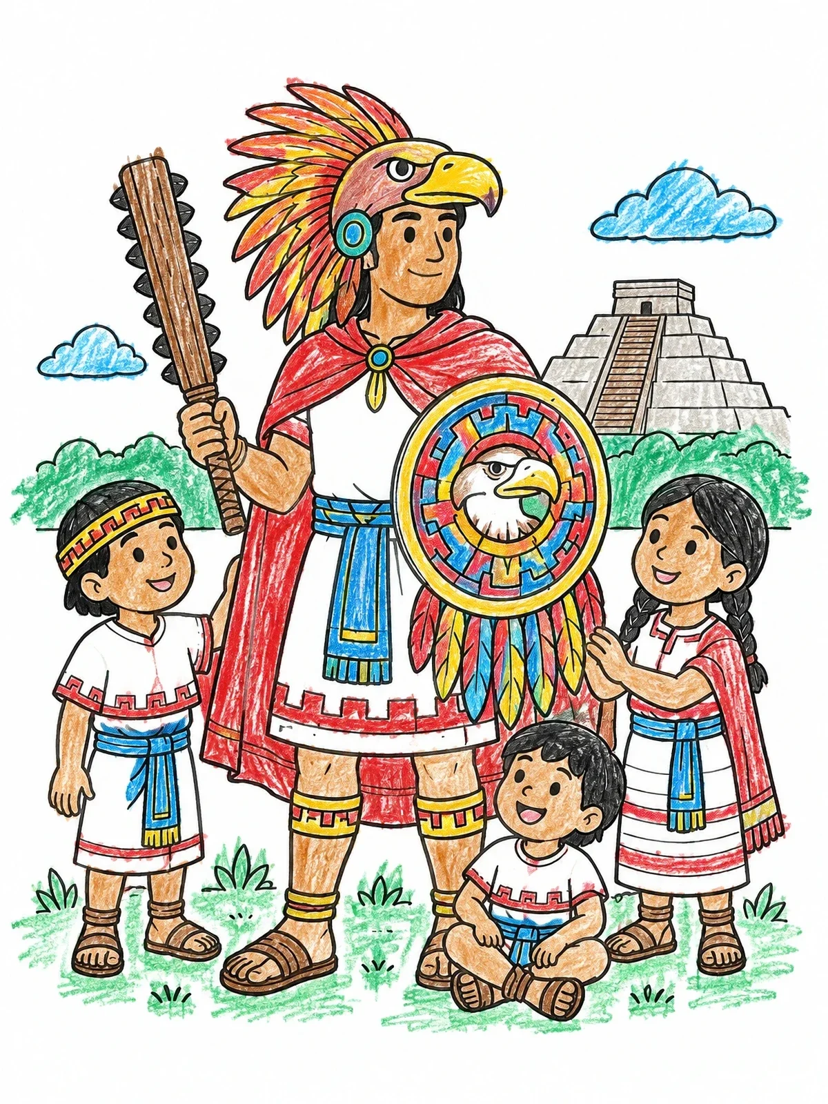 Colored example of the Aztec Eagle Warrior And Children coloring page