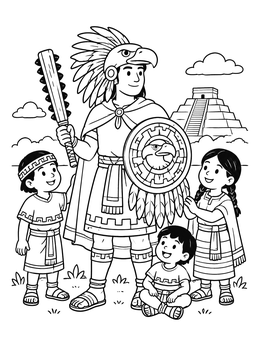 Free printable Aztec Eagle Warrior And Children coloring page